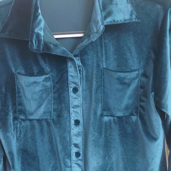Womens Long Sleeve Lapel Velvet Button Down Shirt Blouse Blue XL - Picture 7 of 7